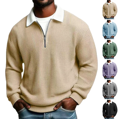 Herren Waffelstrick Polo Hemd Langarm Viertel Reißverschluss Kontrast Revers Lässig Einfarbig Mode Pullover Top