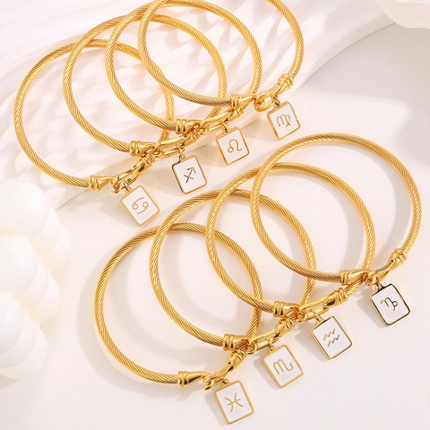 18K Gold Plated Stainless Steel Zodiac Sign Bangle For Women Twisted Cable Rope Horseshoe Clasp Enamel Square Charm Bracelet Jewelry