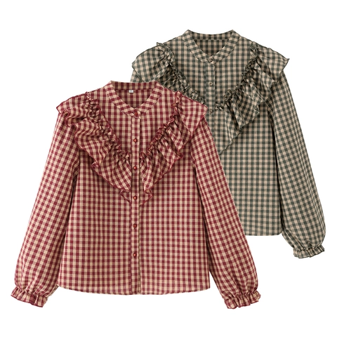 Camicetta A Quadri Maniche Lunghe Cotone Collo Alto Retro Camicia Con Volant E Bottoni Per Donna