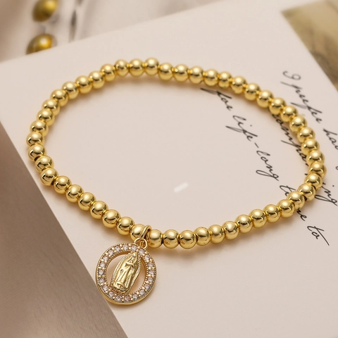 Bracciale Elastico In Rame Placcato Oro Con Ciondoli Religiosi Croce E Vergine Maria E Zirconi Colorati Gioielli Per Donna