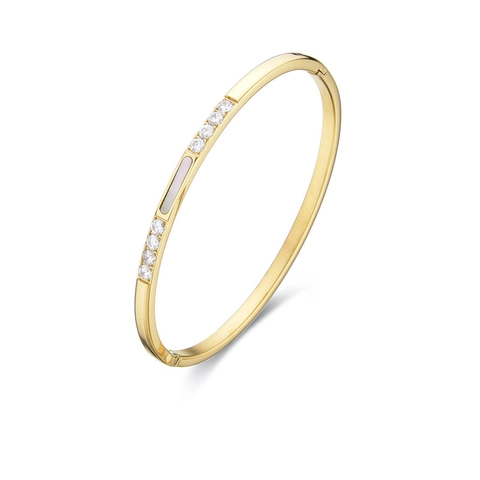 Vintage Stainless Steel Bangle For Women With Mother Of Artificial Pearl Shell And Cubic Zirconia Inlaid Trendy Hinged Jewelry