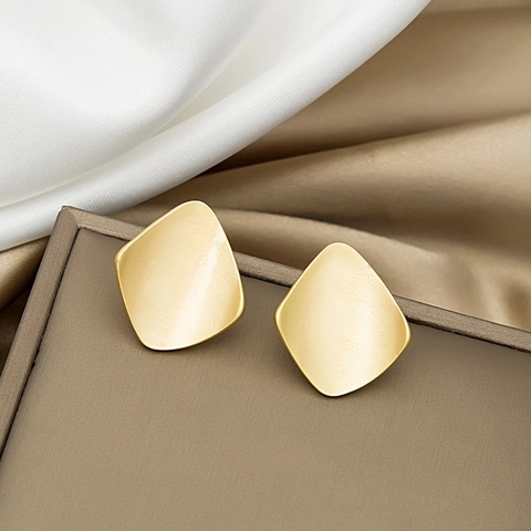 Matte Gold Geometric Rhombus Stud Earrings With Silver Earring Post Korean Minimalist Vintage Frosted Metal Jewelry
