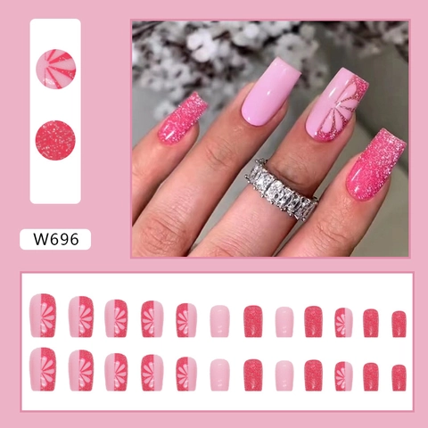 Press On Nails Pink Sparkling Flower Pattern Glossy Long Square Sweet Style False Nails For Women Elegant Manicure Art