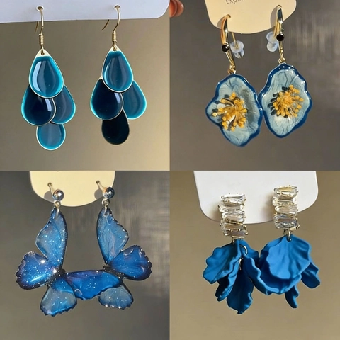 Blauwe Bloemblad Kwastje Oorbellen Met Zilveren Steker Bloemen Sieraden Voor Dames Elegant Modieus