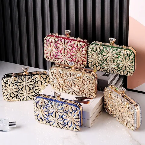 Elegant Floral Rhinestone Evening Bag Shiny Crystal Clutch For Wedding Party Women Hard Shell Handbag With Chain