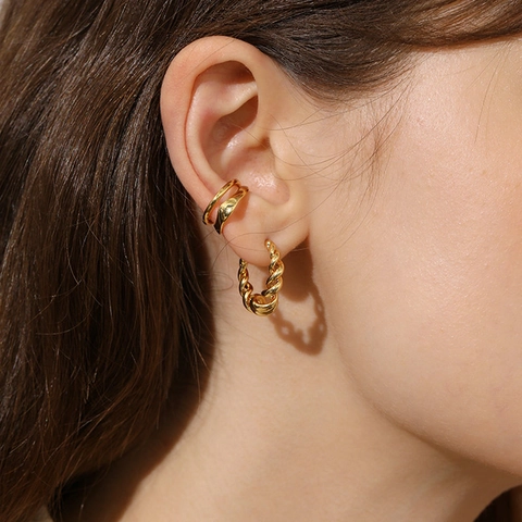 Twisted Rope Hoop Earrings Titanium Steel 18K Gold Plated Geometric C Shape Vintage Style For Women Lightweight Jewelry