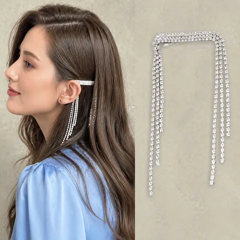 Elegante Pinza Para El Cabello Con Borlas De Strass Flecos Largos Aleación Tono Plateado Cristal Brillante Boda Para Mujeres
