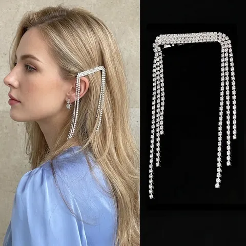 Eleganter Strass Quasten Haarclip Langer Fransen Silberlegierung Funkelnder Kristall Seitenclip Hochzeit Für Frauen