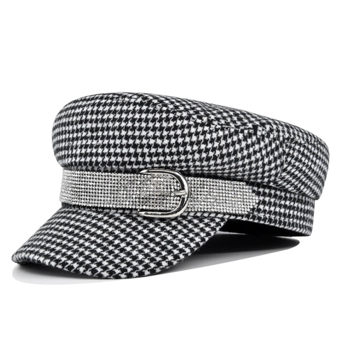 Women Fashion Newsboy Cap Cotton Navy Hat With Rhinestone Belt Buckle Houndstooth Pattern Retro Flat Top Beret Hat For Lady
