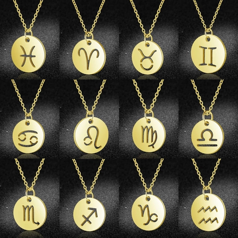 316L Stainless Steel Hollow Zodiac Sign Pendant Necklace For Women Gold Plated Twelve Constellations Circle Choker Jewelry