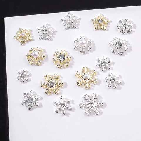 Sneeuwvlok Nagelkunst Charms Legering Metaal Stras Imitatieparel Winter Kerst Manicure Sieraden Decoraties Goud Zilver