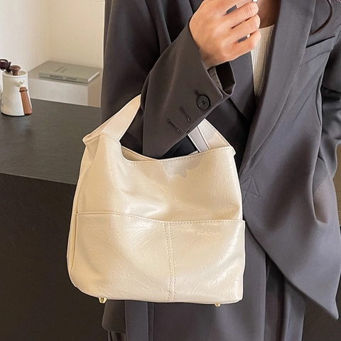 Bucket Bag Crinkled PU Leather Large Capacity Handheld Crossbody Shoulder Handbag For Women Commuting Casual Chic