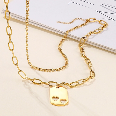 Stainless Steel Double Layer Necklace With Hollow Heart Rectangular Pendant Dog Tag Figaro Chain Trendy Jewelry For Women