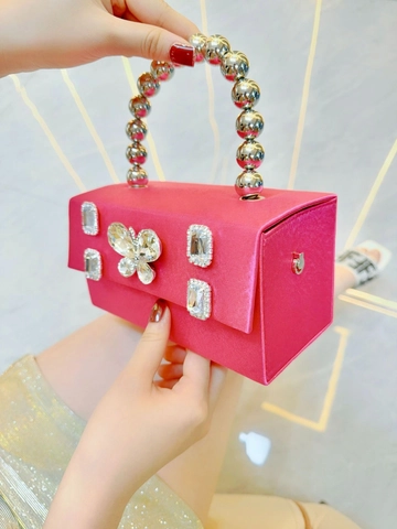 Luxury Rhinestone Butterfly Satin Evening Bag For Women Elegant Square Box Handbag With Metal Ball Handle Wedding Party Clutch