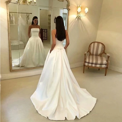Satin Wedding Dress Strapless Sleeveless Pockets Bow Back Small Train Bridal Gown Formal Evening Women