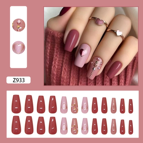 Press On Nails Rosa Herz Sarg Falsche Nägel Mit Strasssteinen Abnehmbare Full Cover Maniküre Elegant Einfache Dekoration