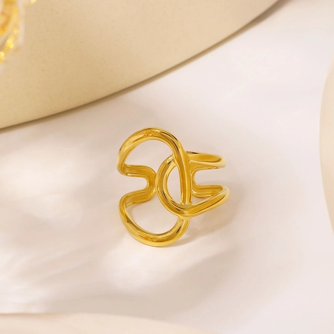 Intertwined Geometric Ring 18K Gold Plated Stainless Steel Asymmetric Hollow Adjustable Waterproof Minimalist Jewelry