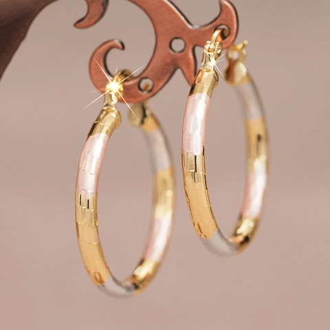 Driekleurige Creolen Koper Verguld Goud Zilver Roségoud Rond Getextureerd Geometrisch Retro Stijl Sieraden Voor Vrouwen