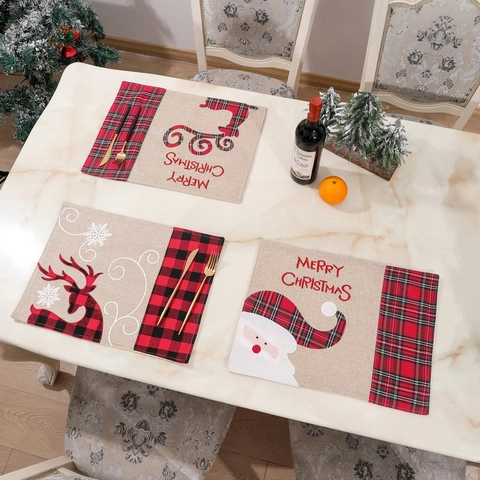 Sets De Table De Noël En Toile De Jute Carreaux Rouge Noir Père Noël Renne Décoration De Table Avec Poche À Couverts