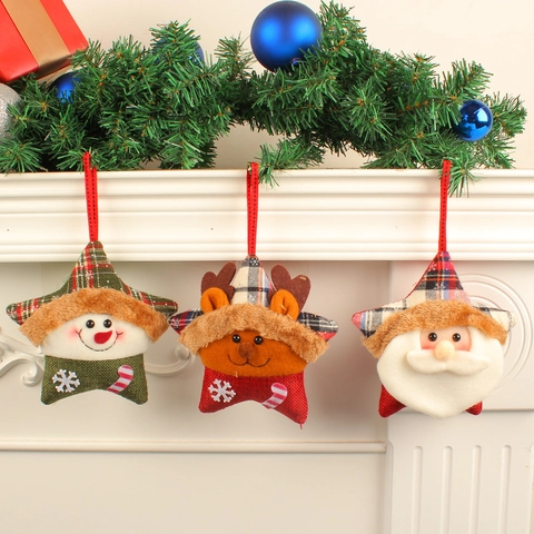 Christmas Star Plush Hanging Ornaments Santa Claus Snowman Elk Plaid Patchwork Embroidered Festive Home Decor Xmas Tree Hanging Pendant