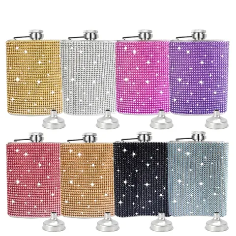 Petaca De Acero Inoxidable Con Diamantes De Imitación Brillantes Con Embudo Botella De Licor Portátil Para Regalo De Mujer