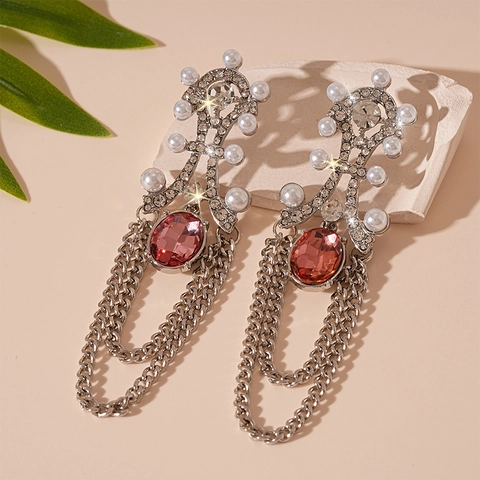 Vintage Dangle Earrings With Imitation Artificial Pearl Rhinestone Pink Stone And Silver Earring Post Long Chain Tassel Elegant Women