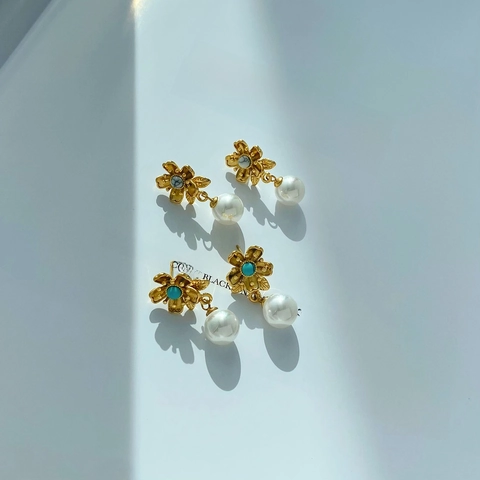 Orecchini Pendenti Con Fiore E Perla Artificial Acciaio Inossidabile Con Pietra Naturale Incastonata Placcato Oro Vintage Francese