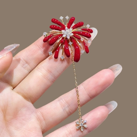Fireworks Flower Brooch Pin Alloy Red Enamel Rhinestone With Tassel Chain Star Pendant Vintage Elegant Jewelry For Women