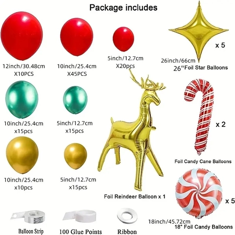 Christmas Balloon Arch Kit Red Green Gold Latex Aluminum Foil Balloons With Reindeer Star Candy Cane For Xmas Party Decor
