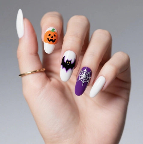 Uñas Postizas De Halloween Tipo Press On Forma Almendra Larga Plástico ABS Con Patrones De Calabaza Murciélago Telaraña Para Mujeres