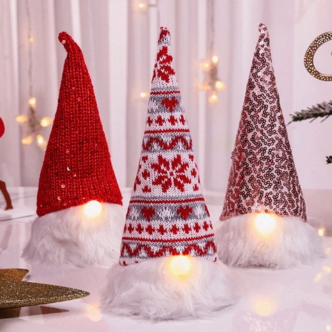 Gnome De Noël Poupée Sans Visage Ornement Lumineux Avec Nez Éclairé LED Tricot Paillettes Fausse Fourrure Décoration Table