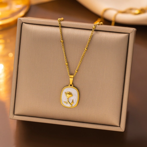 Rose Flower Oval Pendant Necklace Stainless Steel White Enamel Gold Plated Rhinestone French Vintage Elegant Jewelry For Women