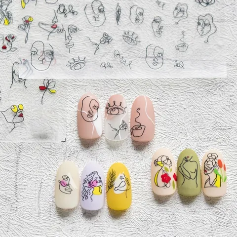 Nail Art Stickers Ultra Thin Adhesive Decals Abstract Line Face Flower Minimalist DIY Manicure Decoration For Women