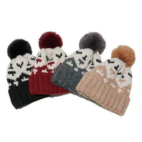 Gebreide Muts Met Pompon Winter Warm Acryl Geometrisch Ruitpatroon Retro Beanie Voor Heren Dames