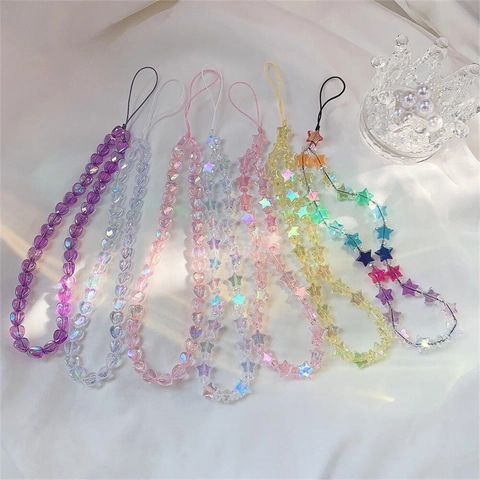 Catenina per Cellulare in Acrilico Colorato con Perline Cuore Stella Cordino Anti-Smarrimento Cinturino da Polso per Donna Ragazza