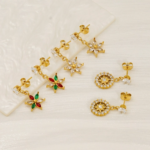 Flower Starburst Drop Earrings Stainless Steel 18K Gold Plated Zircon Rhinestone Dainty Jewelry For Women