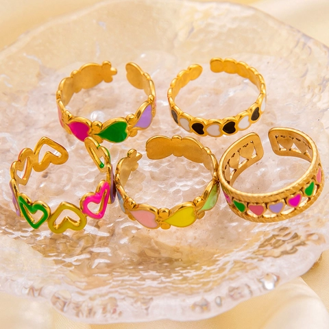 Stainless Steel Gold Plated Adjustable Open Ring Heart Shape Colorful Enamel Jewelry Gift For Women Elegant