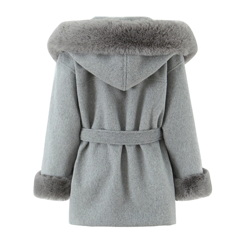 Women Hooded Faux Woolen Coat With Faux Fur Trim Belted Waist Solid Color Mid Length Long Sleeve Warm Winter Outerwear