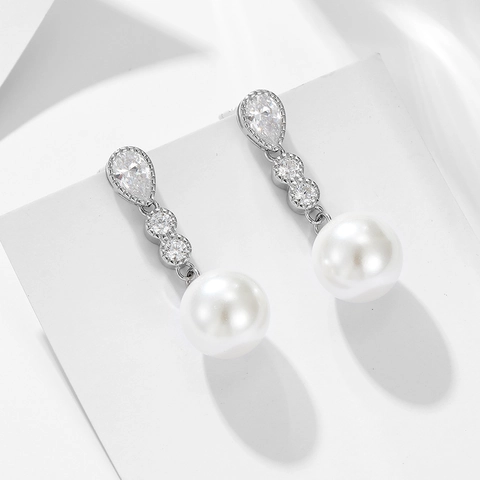 Pendientes De Perlas Artificiales Con Pasador De Plata De Ley 925 Elegantes Largos Circonita Geométricos Para Mujeres