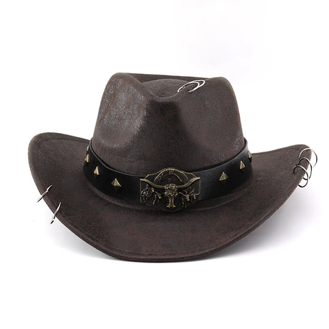Cappello Da Cowboy Western Ecopelle Invecchiata Con Fibbia A Testa Di Toro Borchie Anelli Di Metallo Stile Punk Retrò Vintage Unisex