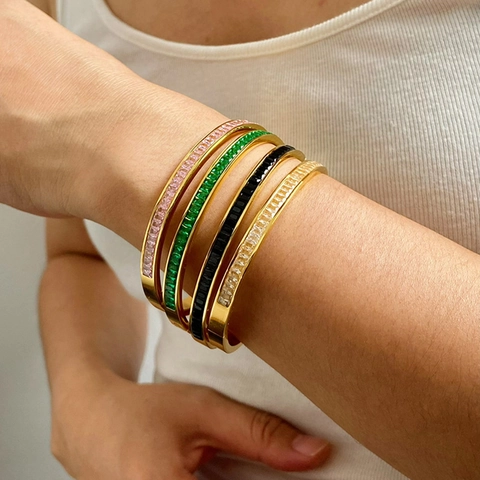 Bracciale Rigido In Acciaio Inossidabile Placcato Oro Zirconia Taglio Baguette Impermeabile Gioielli Di Lusso Minimalisti Da Donna