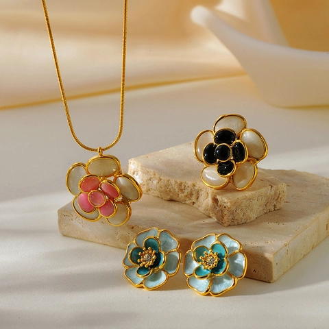 Stainless Steel Flower Necklace Earrings Ring Jewelry Set For Women Gold Plated Cat Eye Stone Rhinestone Enamel Camellia Pendant Jewelry