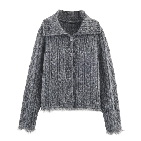 Gilet En Tricot Torsadé Femme Gris Manches Longues Col À Revers Ourlet À Franges Décontracté Doux Chaud Pull