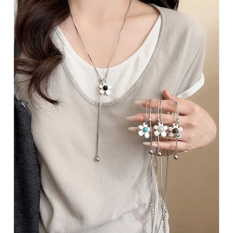 Flower Pendant Long Necklace Copper Metal Adjustable Snake Chain Y Shape Floral Jewelry For Women Korean Style