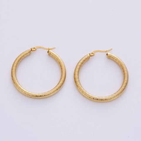 18K Gold Plated 316L Stainless Steel Threaded Round Hoop Earrings Minimalist Fashion Jewelry For Women