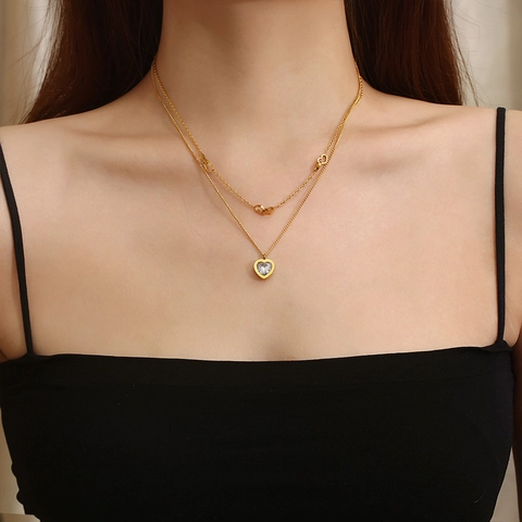 Stainless Steel Double Layer Heart Necklace And Earrings For Women Gold Plated Glass Gemstone Jewelry