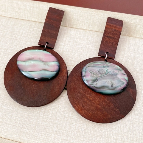 Retro Geometrische Runde Holz Hängerohrringe Mit Harz Inlay Und Silver Earring Post Boho Stil Damen Schmuck