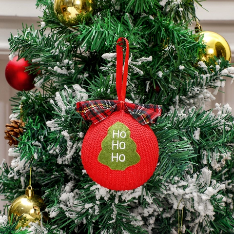 Knitted Christmas Ball Ornaments Plaid Bow Plush Fabric Tree Hanging Pendants Festive Holiday Embroidery Home Decor