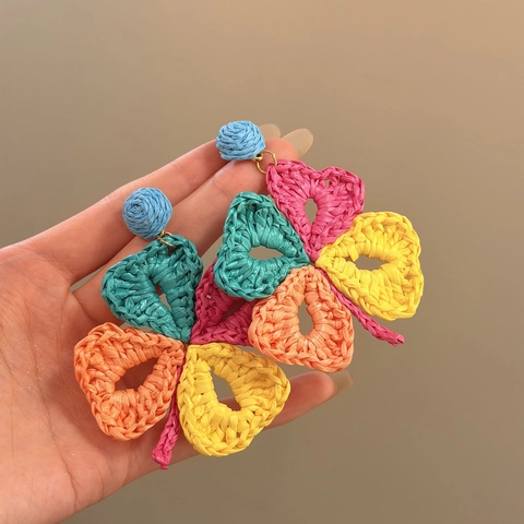 Pendientes De Botón De Flores Tejidas De Rafia Con Poste De Plata Estilo Bohemio Vacaciones De Verano Hechos A Mano Para Mujeres