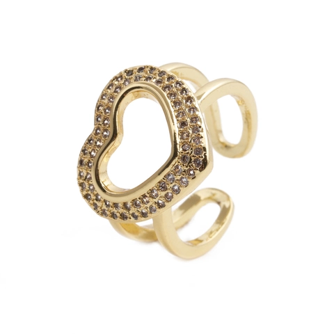 Mode Herz Anhänger Verstellbarer Ring Für Damen Vergoldetes Kupfer Mikro-eingelegter Zirkonia Doppelschichtiger Offener Ring Schmuck